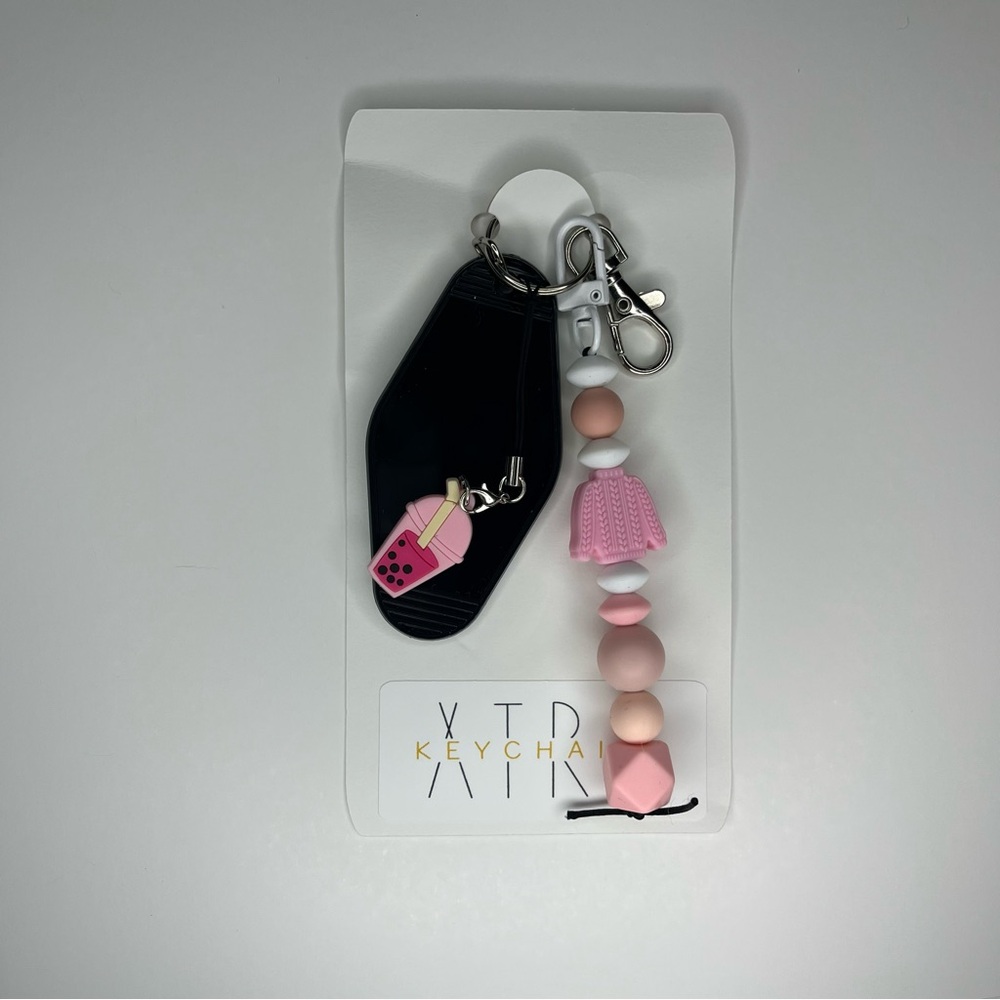 Black and Pink Keychain with sweater and boba